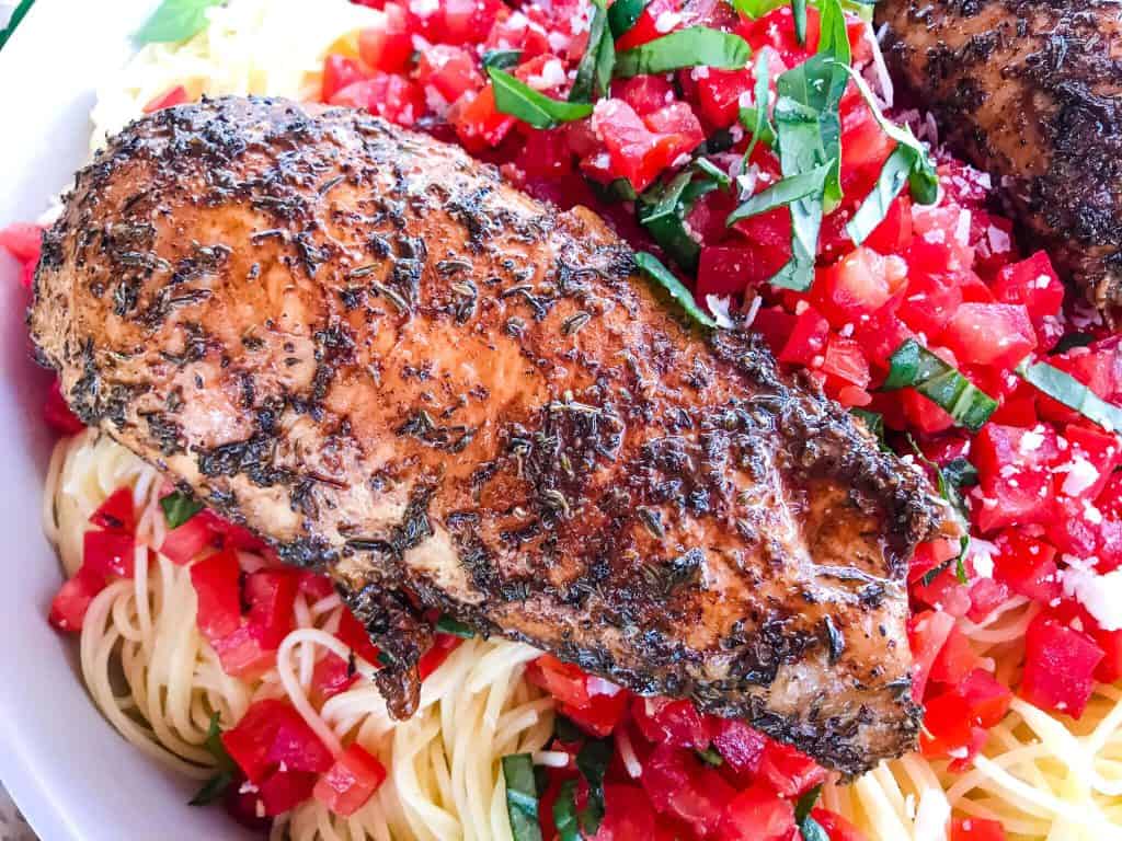 A close up of Balsamic Chicken Bruschetta Pasta