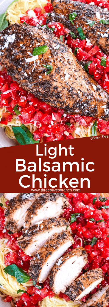 A Light Balsamic Chicken recipe, baked or grilled. A simple marinade for 30 minutes in balsamic vinegar and Italian spices without honey or sugar. Gluten free. #chickenmarinade #balsamicchicken #Italianchicken #lightchicken