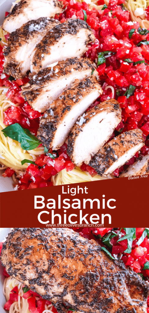 A Light Balsamic Chicken recipe, baked or grilled. A simple marinade for 30 minutes in balsamic vinegar and Italian spices without honey or sugar. Gluten free. #chickenmarinade #balsamicchicken #Italianchicken #lightchicken