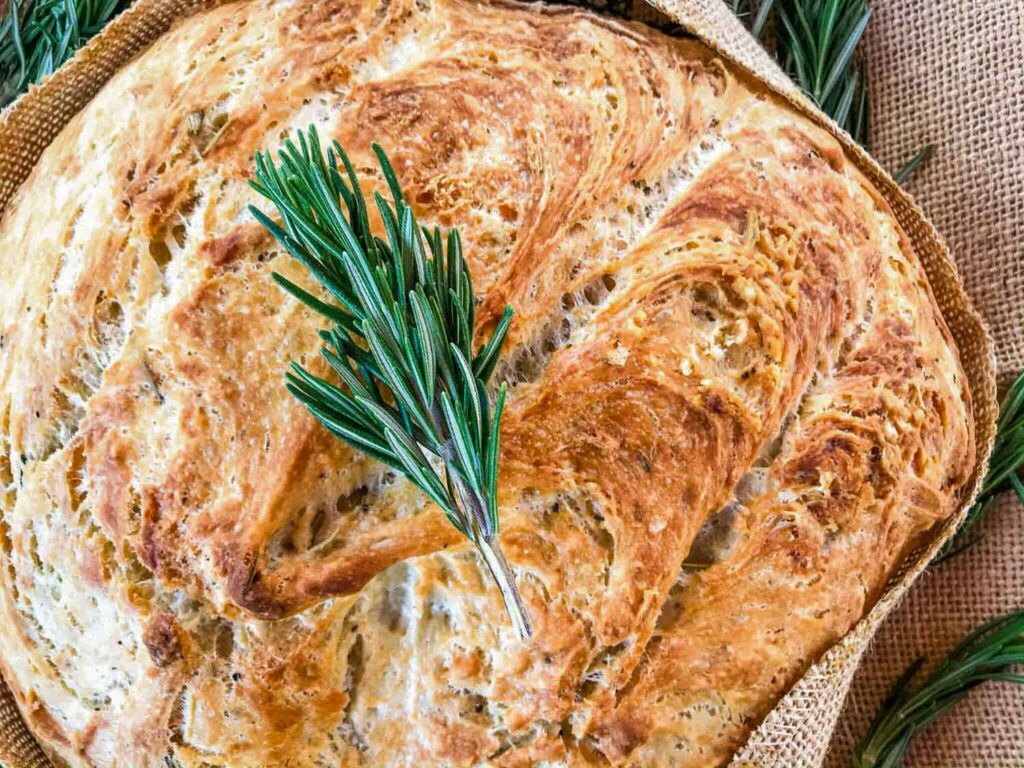 No Knead Rustic Rosemary Bread loaf from the top view