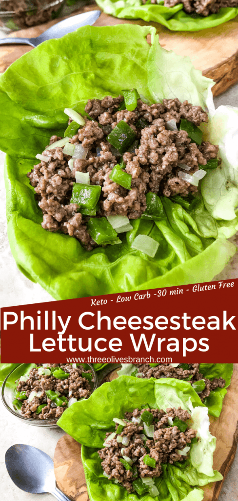 Philly Cheesesteak Lettuce Wraps are ready in less than 30 minutes! A healthy low carb, keto, gluten free recipe. Ground beef is mixed with bell pepper, onion, and provolone cheese for a simple beef lettuce cup. #phillycheesesteak #lettucewrap #groundbeef #healthyrecipe