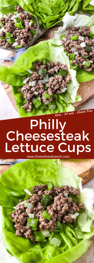 Philly Cheesesteak Lettuce Wraps are ready in less than 30 minutes! A healthy low carb, keto, gluten free recipe. Ground beef is mixed with bell pepper, onion, and provolone cheese for a simple beef lettuce cup. #phillycheesesteak #lettucewrap #groundbeef #healthyrecipe