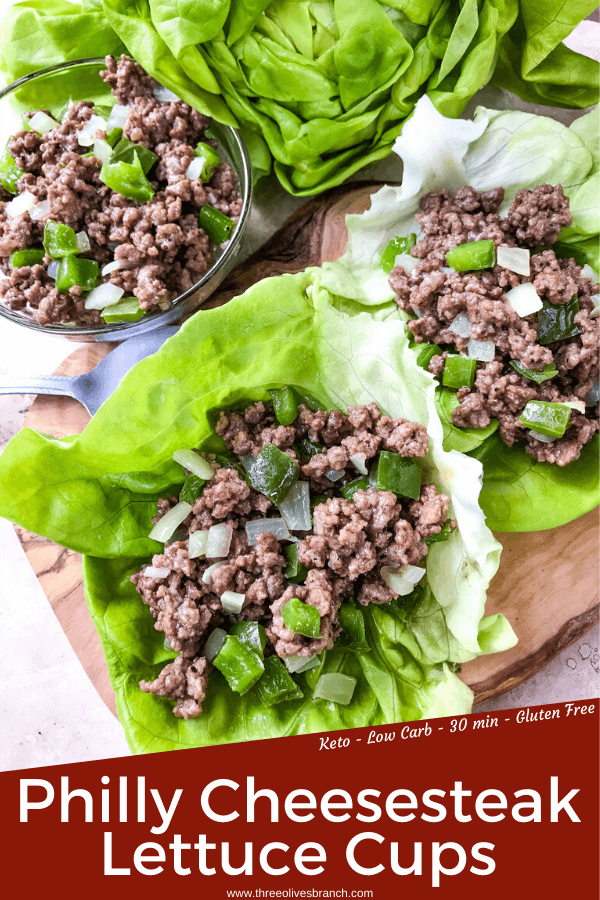 Philly Cheesesteak Lettuce Wraps are ready in less than 30 minutes! A healthy low carb, keto, gluten free recipe. Ground beef is mixed with bell pepper, onion, and provolone cheese for a simple beef lettuce cup. #phillycheesesteak #lettucewrap #groundbeef #healthyrecipe