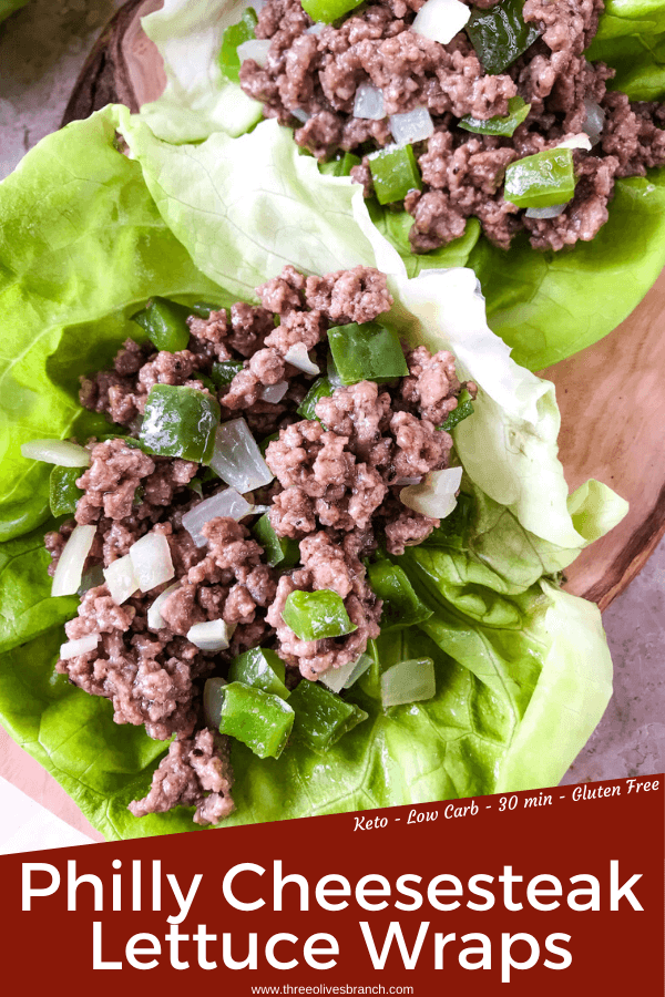 Philly Cheesesteak Lettuce Wraps are ready in less than 30 minutes! A healthy low carb, keto, gluten free recipe. Ground beef is mixed with bell pepper, onion, and provolone cheese for a simple beef lettuce cup. #phillycheesesteak #lettucewrap #groundbeef #healthyrecipe