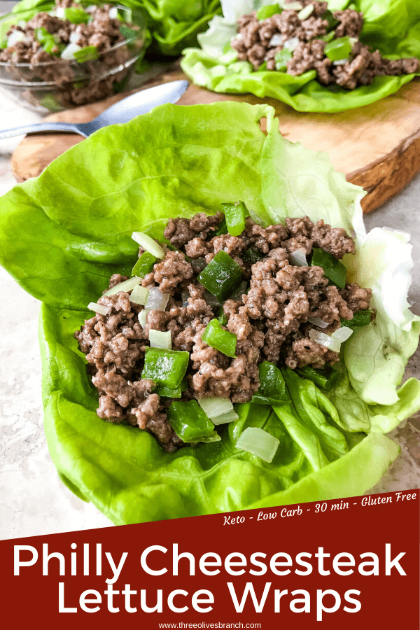 Philly Cheesesteak Lettuce Wraps are ready in less than 30 minutes! A healthy low carb, keto, gluten free recipe. Ground beef is mixed with bell pepper, onion, and provolone cheese for a simple beef lettuce cup. #phillycheesesteak #lettucewrap #groundbeef #healthyrecipe