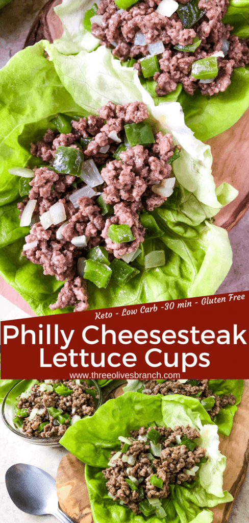 Philly Cheesesteak Lettuce Wraps are ready in less than 30 minutes! A healthy low carb, keto, gluten free recipe. Ground beef is mixed with bell pepper, onion, and provolone cheese for a simple beef lettuce cup. #phillycheesesteak #lettucewrap #groundbeef #healthyrecipe