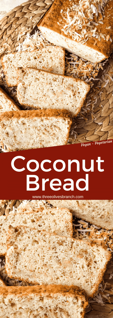 This Quick Coconut Bread recipe is easy to make and vegan! Full of coconut milk, coconut oil, and toasted shredded coconut. #veganbread #coconut #quickbread