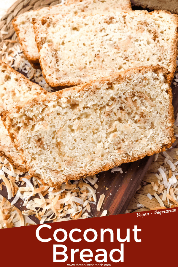 This Quick Coconut Bread recipe is easy to make and vegan! Full of coconut milk, coconut oil, and toasted shredded coconut. #veganbread #coconut #quickbread