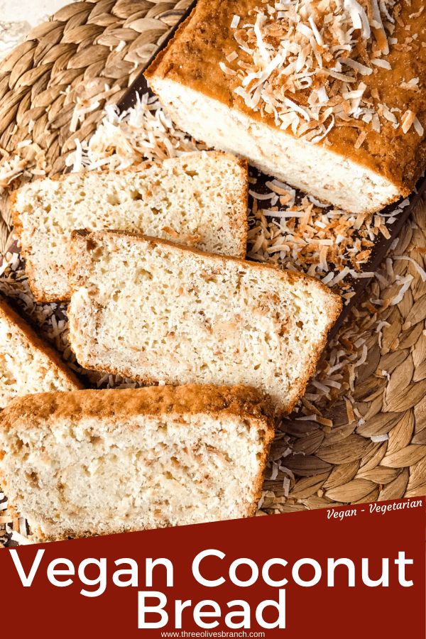 This Quick Coconut Bread recipe is easy to make and vegan! Full of coconut milk, coconut oil, and toasted shredded coconut. #veganbread #coconut #quickbread