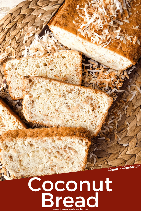 This Quick Coconut Bread recipe is easy to make and vegan! Full of coconut milk, coconut oil, and toasted shredded coconut. #veganbread #coconut #quickbread