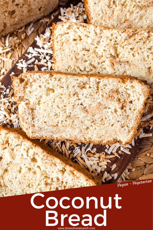 This Quick Coconut Bread recipe is easy to make and vegan! Full of coconut milk, coconut oil, and toasted shredded coconut. #veganbread #coconut #quickbread
