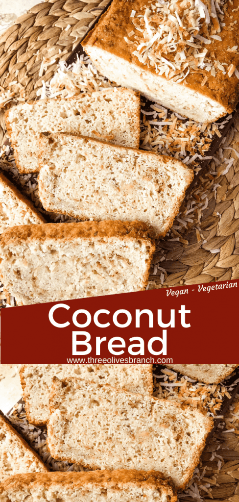 This Quick Coconut Bread recipe is easy to make and vegan! Full of coconut milk, coconut oil, and toasted shredded coconut. #veganbread #coconut #quickbread