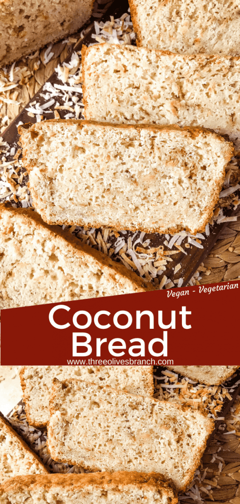 This Quick Coconut Bread recipe is easy to make and vegan! Full of coconut milk, coconut oil, and toasted shredded coconut. #veganbread #coconut #quickbread
