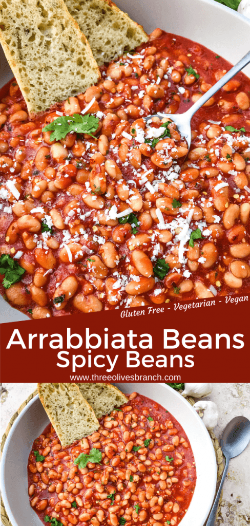 Arrabbiata Beans (Spicy Italian Beans) are based on the classic Italian pasta recipe. A spicy tomato sauce filled with garlic and crushed red pepper flakes with white beans. Vegan and gluten free pantry recipe. #beanrecipes #spicyItalian #Italianbeans