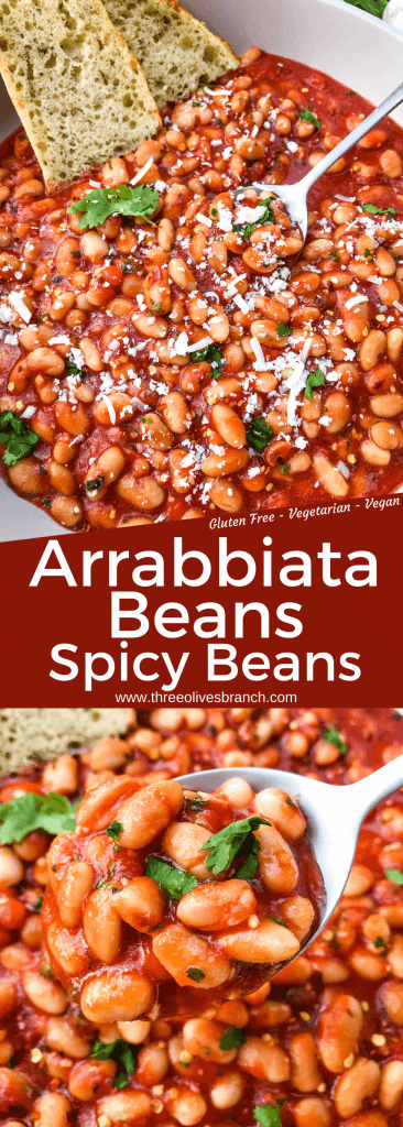 Arrabbiata Beans (Spicy Italian Beans) are based on the classic Italian pasta recipe. A spicy tomato sauce filled with garlic and crushed red pepper flakes with white beans. Vegan and gluten free pantry recipe. #beanrecipes #spicyItalian #Italianbeans