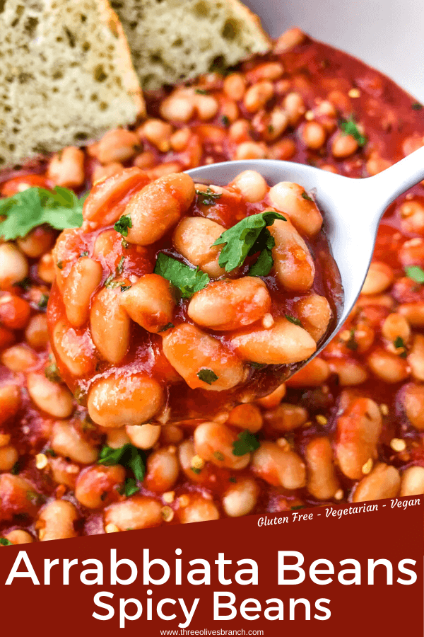 Arrabbiata Beans (Spicy Italian Beans) are based on the classic Italian pasta recipe. A spicy tomato sauce filled with garlic and crushed red pepper flakes with white beans. Vegan and gluten free pantry recipe. #beanrecipes #spicyItalian #Italianbeans