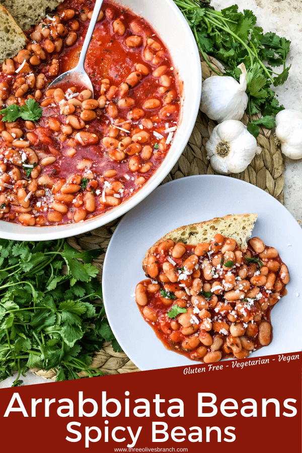 Arrabbiata Beans (Spicy Italian Beans) are based on the classic Italian pasta recipe. A spicy tomato sauce filled with garlic and crushed red pepper flakes with white beans. Vegan and gluten free pantry recipe. #beanrecipes #spicyItalian #Italianbeans