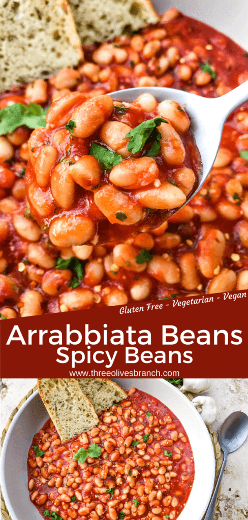 Arrabbiata Beans (Spicy Italian Beans) are based on the classic Italian pasta recipe. A spicy tomato sauce filled with garlic and crushed red pepper flakes with white beans. Vegan and gluten free pantry recipe. #beanrecipes #spicyItalian #Italianbeans