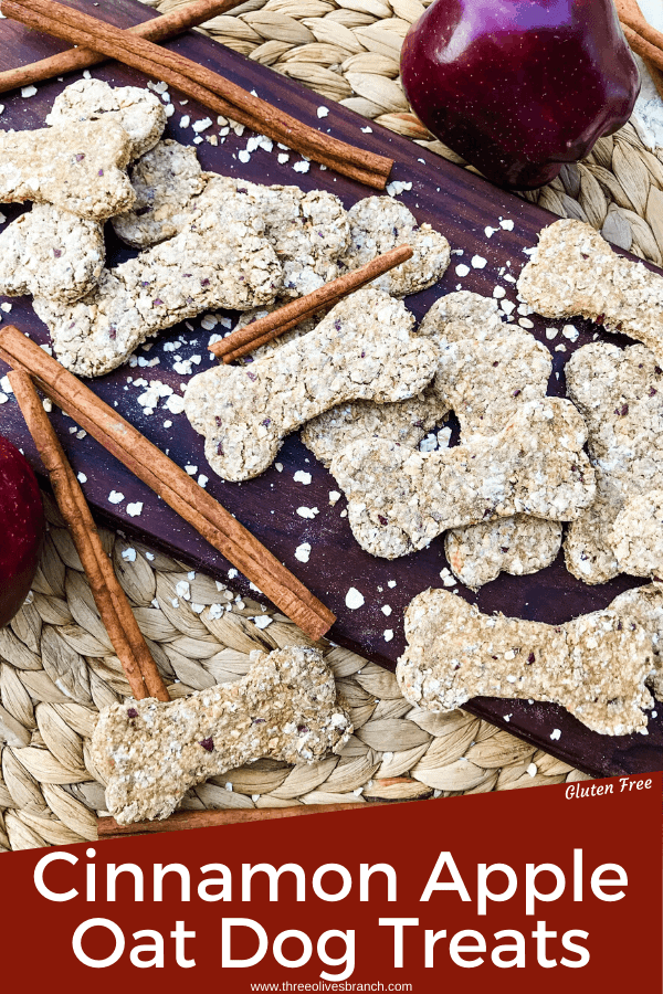 Oat Cinnamon Apple Dog Treats are full of simple ingredients in an easy homemade dog treat. These dog cookies are gluten free. Add flax seed if desired. #cinnamonapple #dogtreats #dogcookies