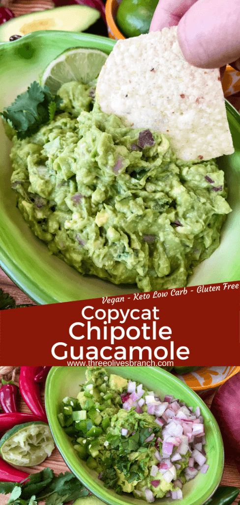 Copycat Chipotle Guacamole just like the Mexican restaurant! Avocado is mixed with jalapeno pepper, lime, red onion, and cilantro. A fast and easy appetizer dip or Mexican condiment. #copycatrecipes #chipotleguacamole #avocado