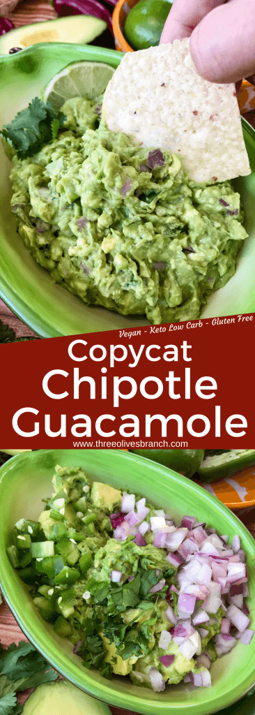 Copycat Chipotle Guacamole just like the Mexican restaurant! Avocado is mixed with jalapeno pepper, lime, red onion, and cilantro. A fast and easy appetizer dip or Mexican condiment. #copycatrecipes #chipotleguacamole #avocado