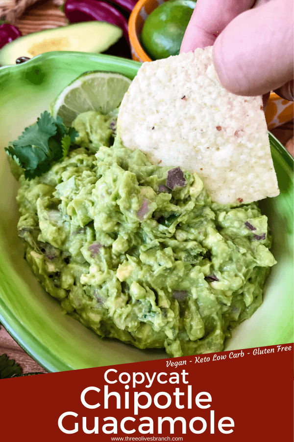 Copycat Chipotle Guacamole just like the Mexican restaurant! Avocado is mixed with jalapeno pepper, lime, red onion, and cilantro. A fast and easy appetizer dip or Mexican condiment. #copycatrecipes #chipotleguacamole #avocado