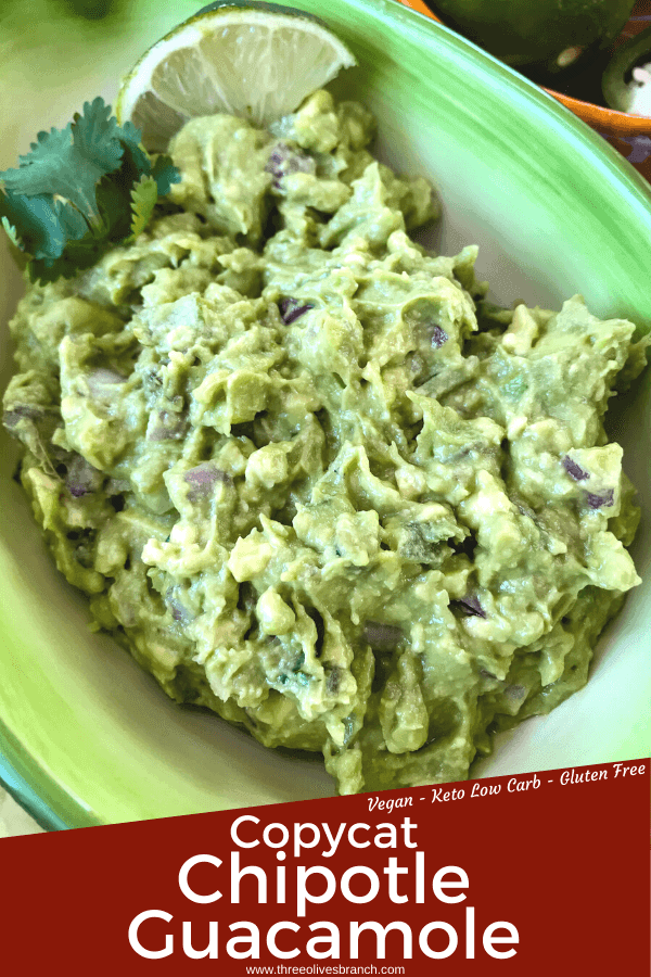 Copycat Chipotle Guacamole just like the Mexican restaurant! Avocado is mixed with jalapeno pepper, lime, red onion, and cilantro. A fast and easy appetizer dip or Mexican condiment. #copycatrecipes #chipotleguacamole #avocado