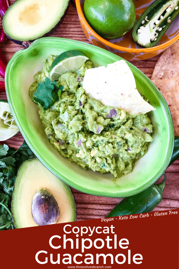 Copycat Chipotle Guacamole just like the Mexican restaurant! Avocado is mixed with jalapeno pepper, lime, red onion, and cilantro. A fast and easy appetizer dip or Mexican condiment. #copycatrecipes #chipotleguacamole #avocado
