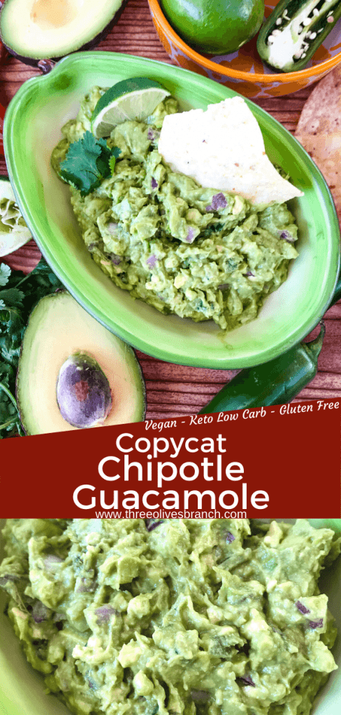 Copycat Chipotle Guacamole just like the Mexican restaurant! Avocado is mixed with jalapeno pepper, lime, red onion, and cilantro. A fast and easy appetizer dip or Mexican condiment. #copycatrecipes #chipotleguacamole #avocado