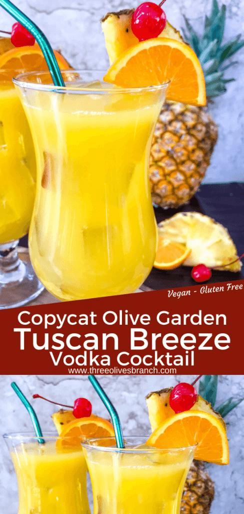 Copycat Olive Garden Tuscan Breeze Vodka Cocktail recipe. Pineapple, orange, and banana tropical alcoholic drink based on the restaurant favorite. A great summer cocktail. #copycatrecipes #vodkacocktail #tropicalcocktail