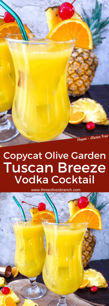 Copycat Olive Garden Tuscan Breeze Vodka Cocktail recipe. Pineapple, orange, and banana tropical alcoholic drink based on the restaurant favorite. A great summer cocktail. #copycatrecipes #vodkacocktail #tropicalcocktail