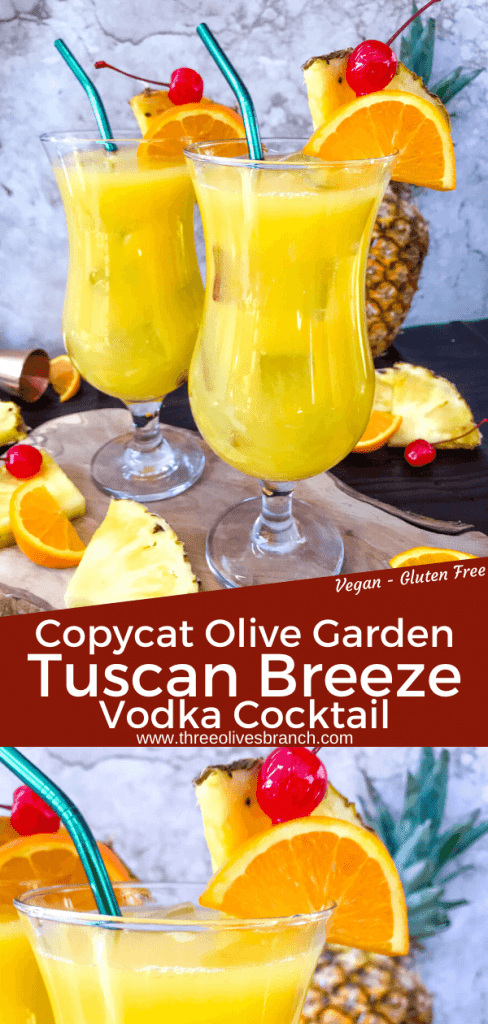 Copycat Olive Garden Tuscan Breeze Vodka Cocktail recipe. Pineapple, orange, and banana tropical alcoholic drink based on the restaurant favorite. A great summer cocktail. #copycatrecipes #vodkacocktail #tropicalcocktail