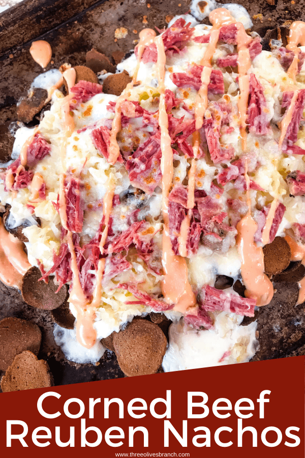 Pin image for Reuben Irish Nachos from top view on a baking sheet with title at bottom