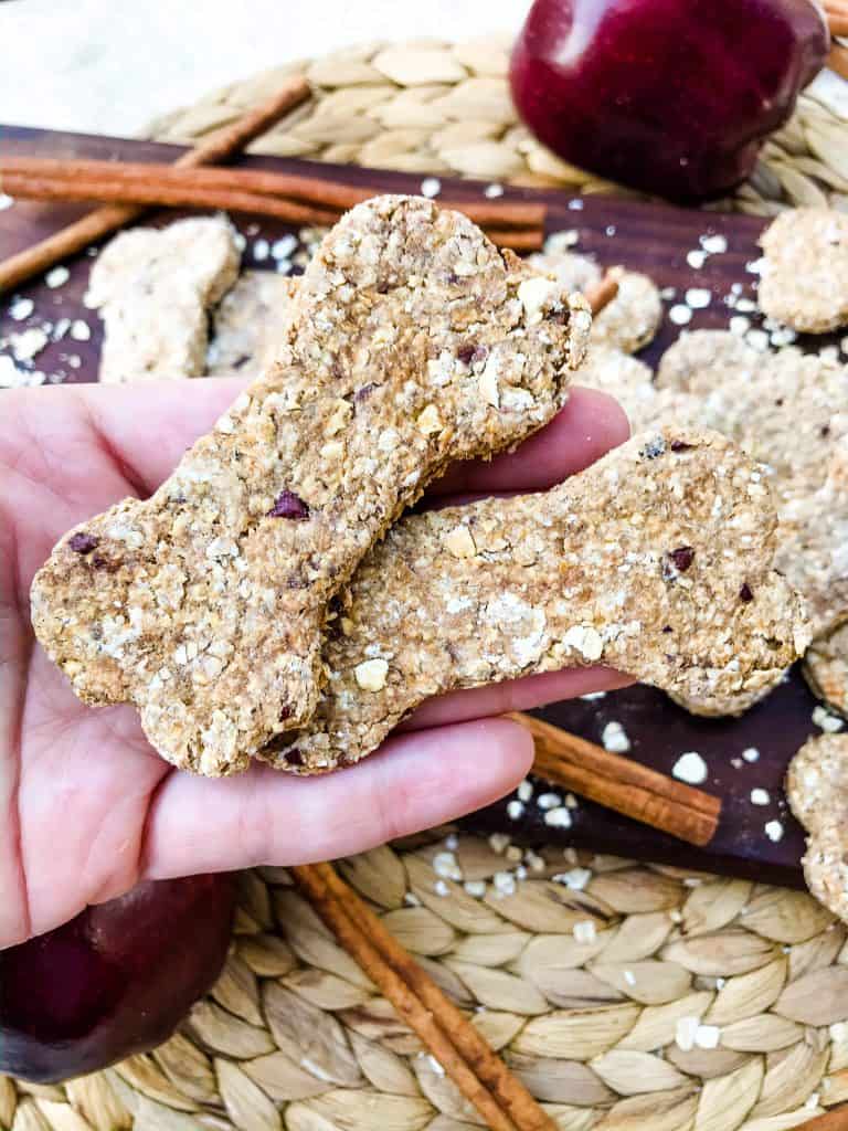 Oat Cinnamon Apple Dog Treats are full of simple ingredients in an easy homemade dog treat. These dog cookies are gluten free. Add flax seed if desired. #cinnamonapple #dogtreats #dogcookies