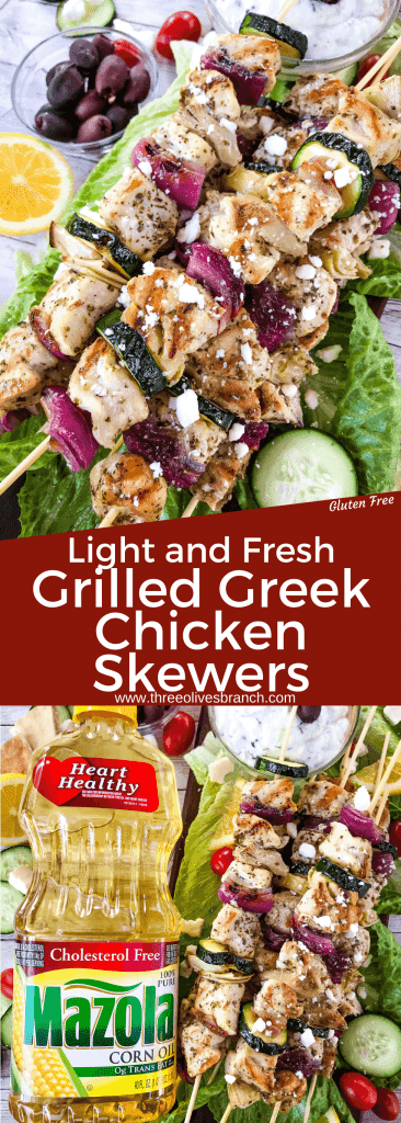 Fresh and Light Grilled Greek Chicken Skewers are a quick chicken grilling recipe for the BBQ! Chicken marinated in oil, oregano, and lemon on a kebab with onion, artichoke, and fresh Greek ingredients. Fast chicken kabob on the grill. #grilledchicken #chickenkabobs #greekchicken