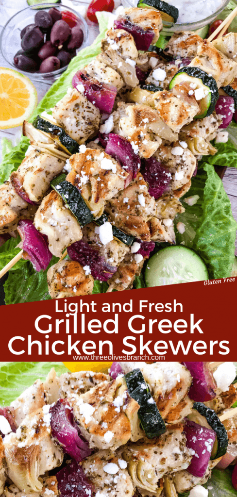 Fresh and Light Grilled Greek Chicken Skewers are a quick chicken grilling recipe for the BBQ! Chicken marinated in oil, oregano, and lemon on a kebab with onion, artichoke, and fresh Greek ingredients. Fast chicken kabob on the grill. #grilledchicken #chickenkabobs #greekchicken