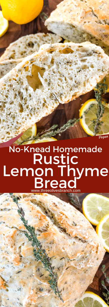 No Knead Rustic Lemon Thyme Bread is a simple homemade bread recipe. No knead and cooked in a Dutch oven, full of Italian flavors with lemon and dried herbs. #rusticbread #nokneadbread #Italianbread