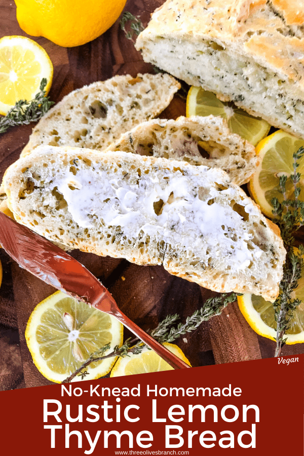 No Knead Rustic Lemon Thyme Bread is a simple homemade bread recipe. No knead and cooked in a Dutch oven, full of Italian flavors with lemon and dried herbs. #rusticbread #nokneadbread #Italianbread