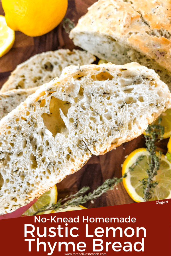 No Knead Rustic Lemon Thyme Bread is a simple homemade bread recipe. No knead and cooked in a Dutch oven, full of Italian flavors with lemon and dried herbs. #rusticbread #nokneadbread #Italianbread