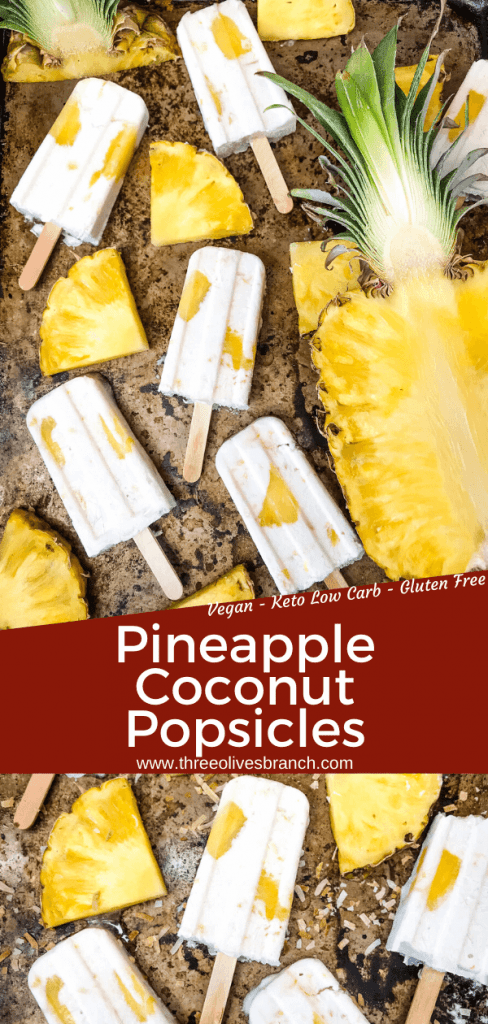 Pina Colada Popsicles are easy and healthy homemade popsicles made with coconut milk and pineapple. Add rum if desired for an alcohol popsicle poptail. Gluten free and vegan. #homemadepopsicles #pinacolada #coconutpopsicles