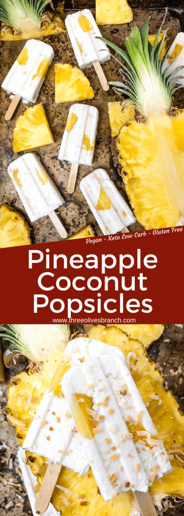 Pina Colada Popsicles are easy and healthy homemade popsicles made with coconut milk and pineapple. Add rum if desired for an alcohol popsicle poptail. Gluten free and vegan. #homemadepopsicles #pinacolada #coconutpopsicles