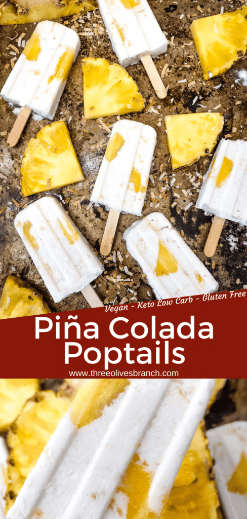 Pina Colada Popsicles are easy and healthy homemade popsicles made with coconut milk and pineapple. Add rum if desired for an alcohol popsicle poptail. Gluten free and vegan. #homemadepopsicles #pinacolada #coconutpopsicles