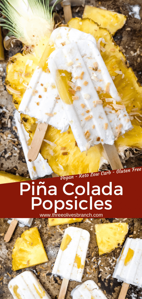 Pina Colada Popsicles are easy and healthy homemade popsicles made with coconut milk and pineapple. Add rum if desired for an alcohol popsicle poptail. Gluten free and vegan. #homemadepopsicles #pinacolada #coconutpopsicles