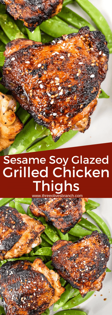 Sesame Soy Glazed Grilled Chicken Thighs are an easy grilled chicken recipe. BBQ bone in grilled chicken thighs are coated in a simple Asian glaze sauce. #grilledchickenthighs #glazedchickenrecipes #asianchickenrecipes