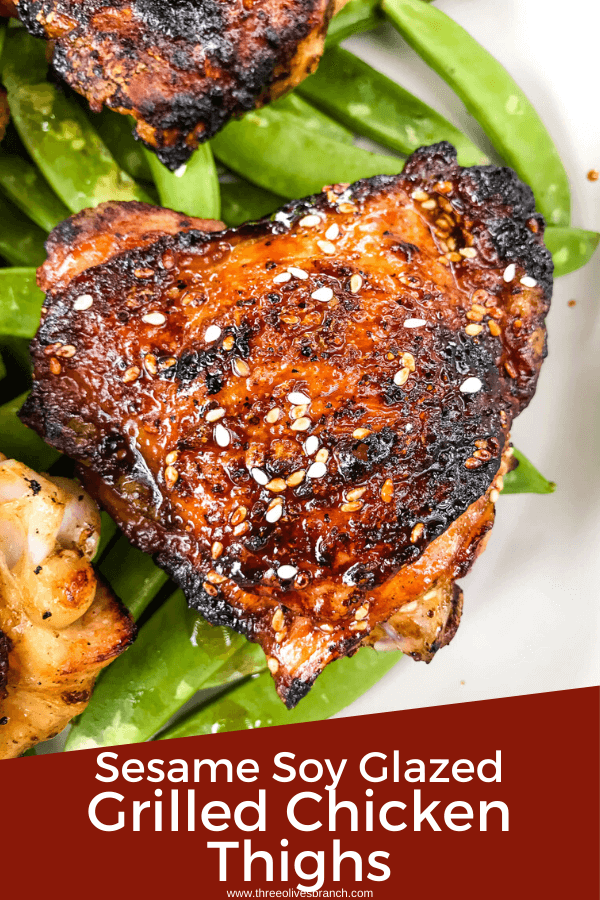 Sesame Soy Glazed Grilled Chicken Thighs are an easy grilled chicken recipe. BBQ bone in grilled chicken thighs are coated in a simple Asian glaze sauce. #grilledchickenthighs #glazedchickenrecipes #asianchickenrecipes