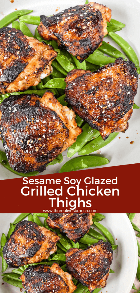 Sesame Soy Glazed Grilled Chicken Thighs are an easy grilled chicken recipe. BBQ bone in grilled chicken thighs are coated in a simple Asian glaze sauce. #grilledchickenthighs #glazedchickenrecipes #asianchickenrecipes