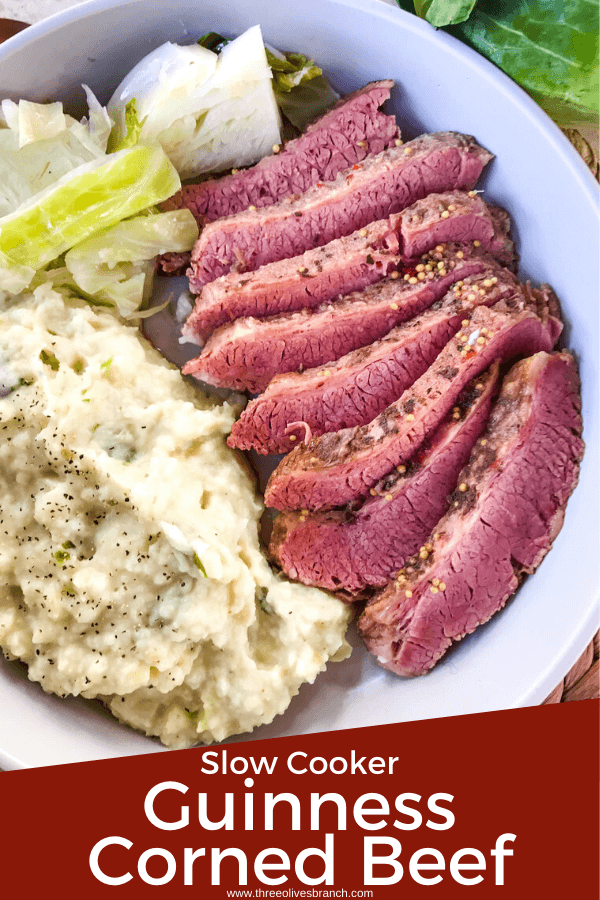 Slow cooker pin for Guinness Corned Beef sliced with cabbage and colcannon