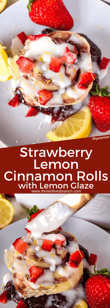 Homemade Strawberry Lemon Cinnamon Rolls with lemon icing glaze. Fresh strawberries and strawberry jam with cinnamon in a homemade dough. Bright spring and summer flavors for home breakfast and brunch baking recipes. #cinnamonrolls #strawberrylemon #bakingrecipes