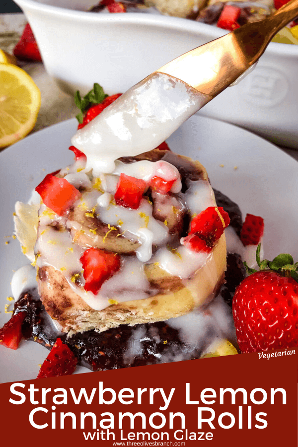 Homemade Strawberry Lemon Cinnamon Rolls with lemon icing glaze. Fresh strawberries and strawberry jam with cinnamon in a homemade dough. Bright spring and summer flavors for home breakfast and brunch baking recipes. #cinnamonrolls #strawberrylemon #bakingrecipes