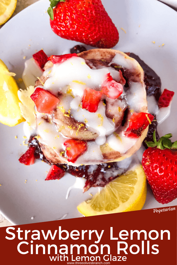 Homemade Strawberry Lemon Cinnamon Rolls with lemon icing glaze. Fresh strawberries and strawberry jam with cinnamon in a homemade dough. Bright spring and summer flavors for home breakfast and brunch baking recipes. #cinnamonrolls #strawberrylemon #bakingrecipes